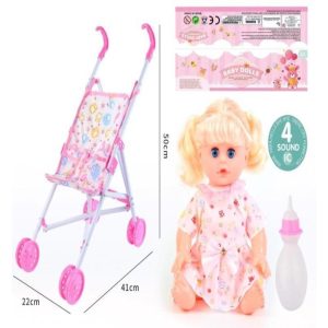 Muñeca con peluca con cochecito