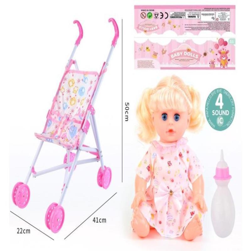 Muñeca con peluca con cochecito