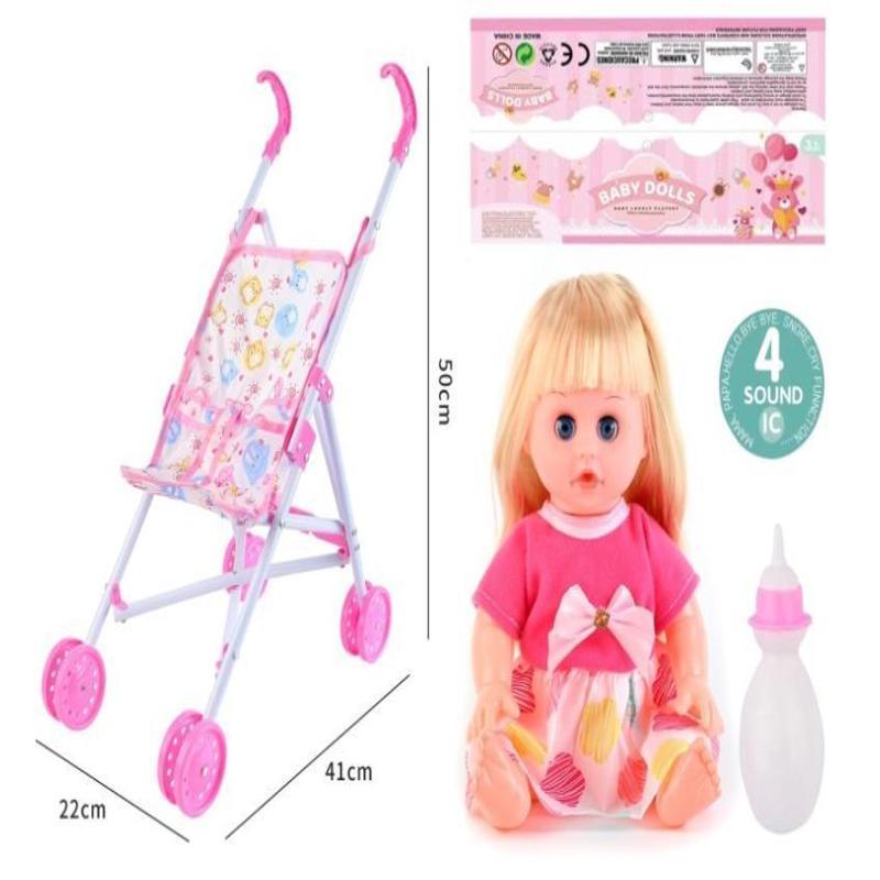 Muñeca con peluca con cochecito